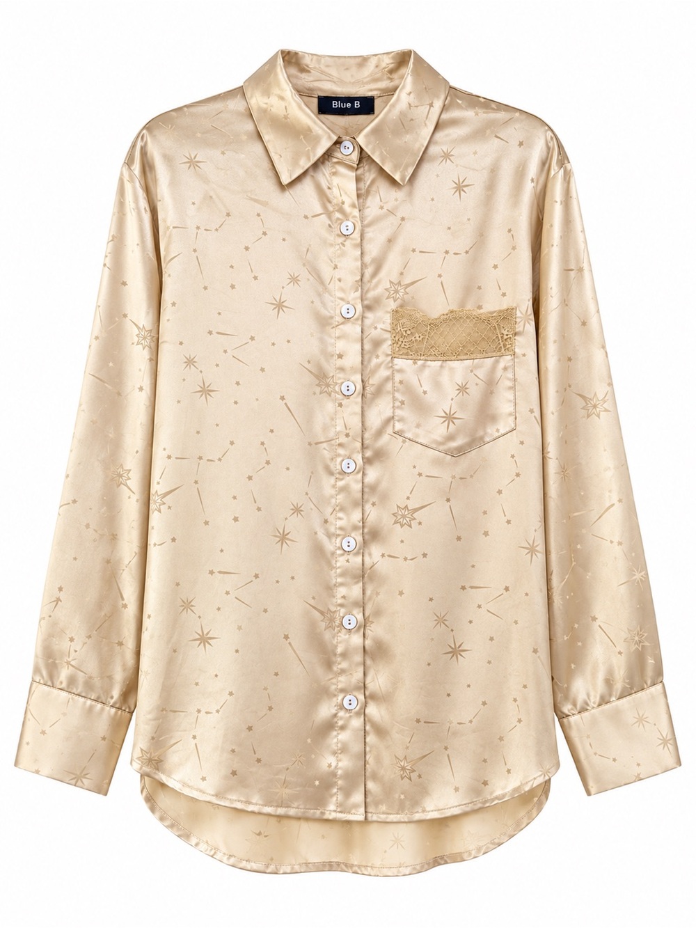 NEW blue b Champagne Star Zodiac Asteroid Celestial Satin Like Button Up Shirt